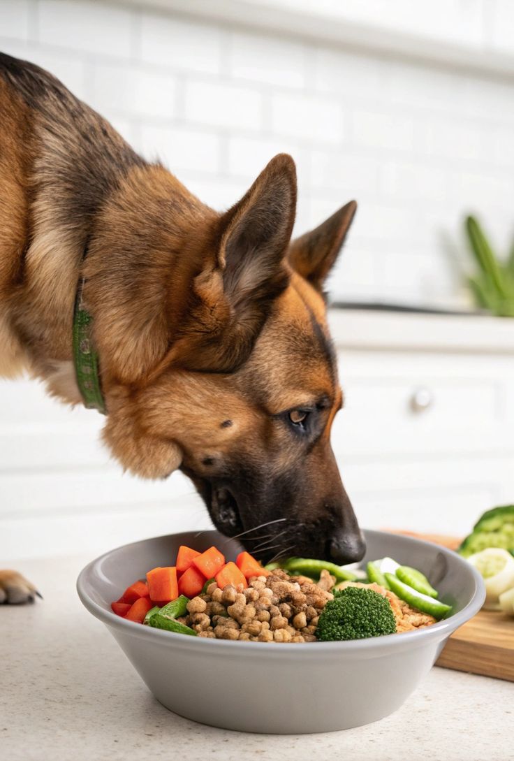 German Shepherd eating a fresh, balanced meal from a bowl — K9 nutrition and performance fueling