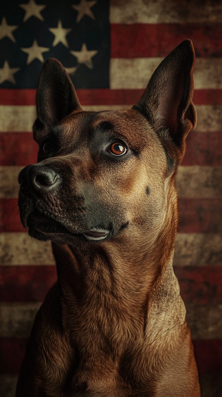 Belgian Malinois portrait with American flag — trained K9 from DogTrainingK9 in Southern California