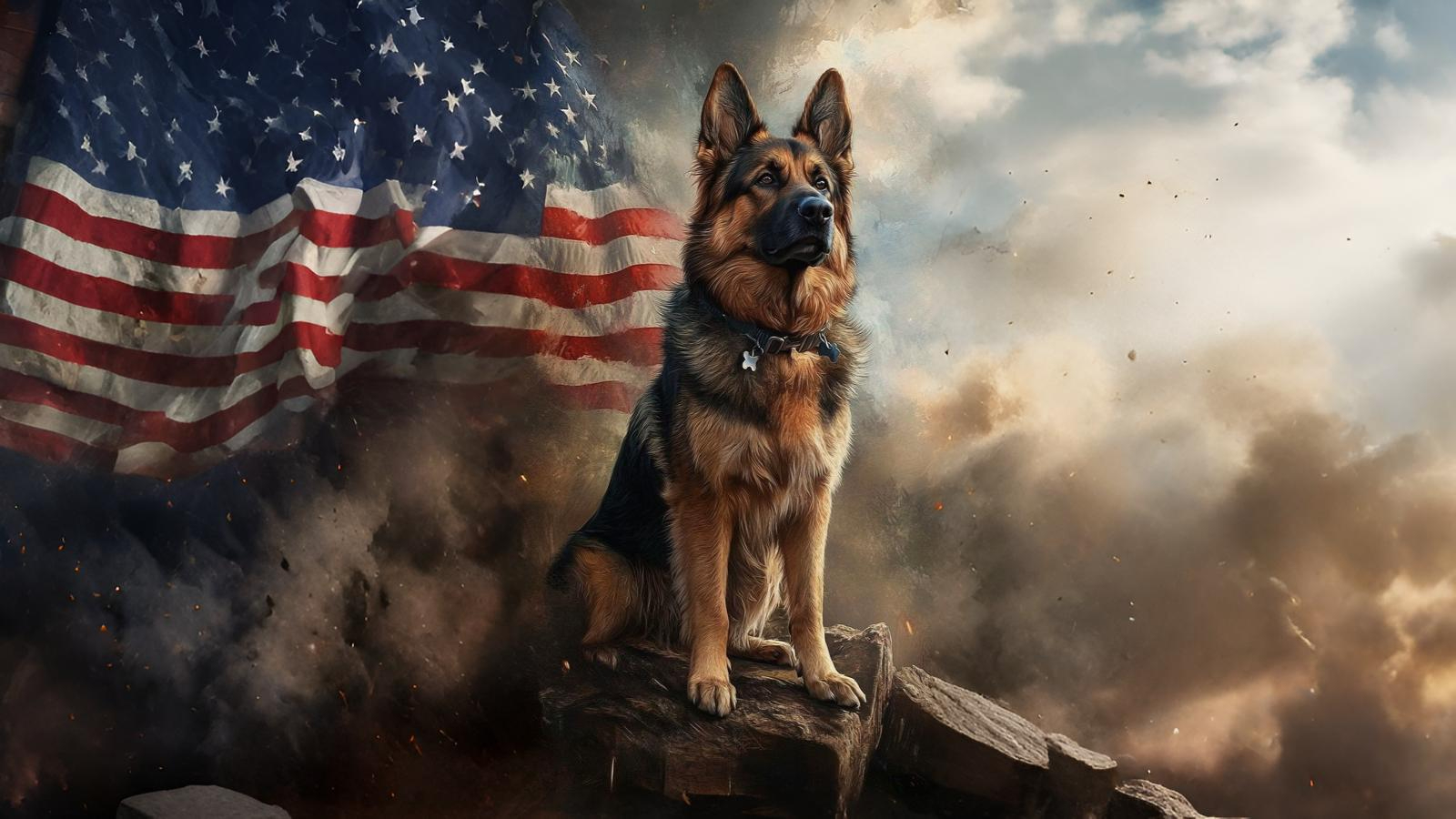 Majestic German Shepherd standing tall with the American flag — DogTrainingK9, Los Angeles