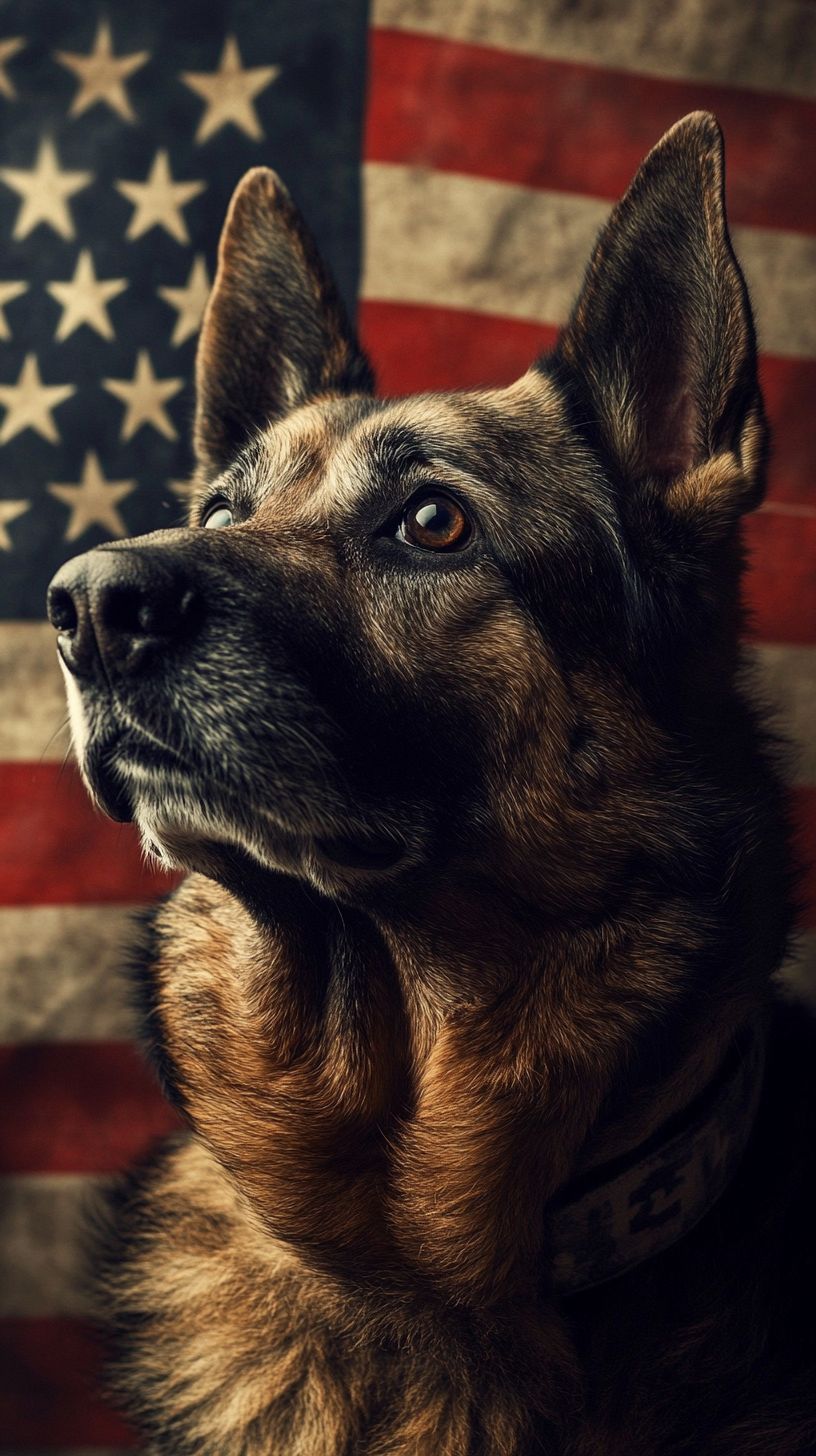 German Shepherd portrait with American flag — proud working dog from DogTrainingK9